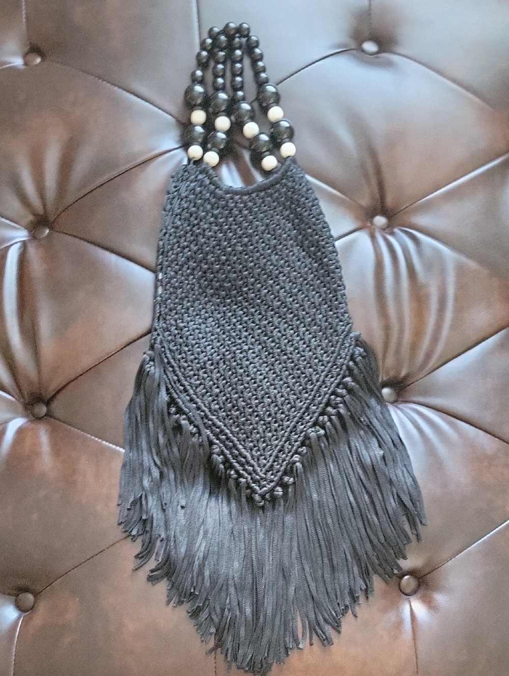 Black Beaded Fringe Crochet Tote Bag - Unbranded